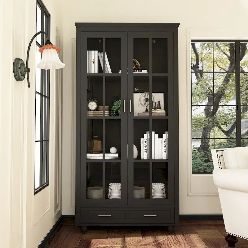 White Glass Door Bookcase & Display Cabinet with Drawer
