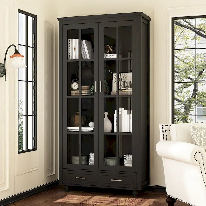 White Glass Door Bookcase & Display Cabinet with Drawer