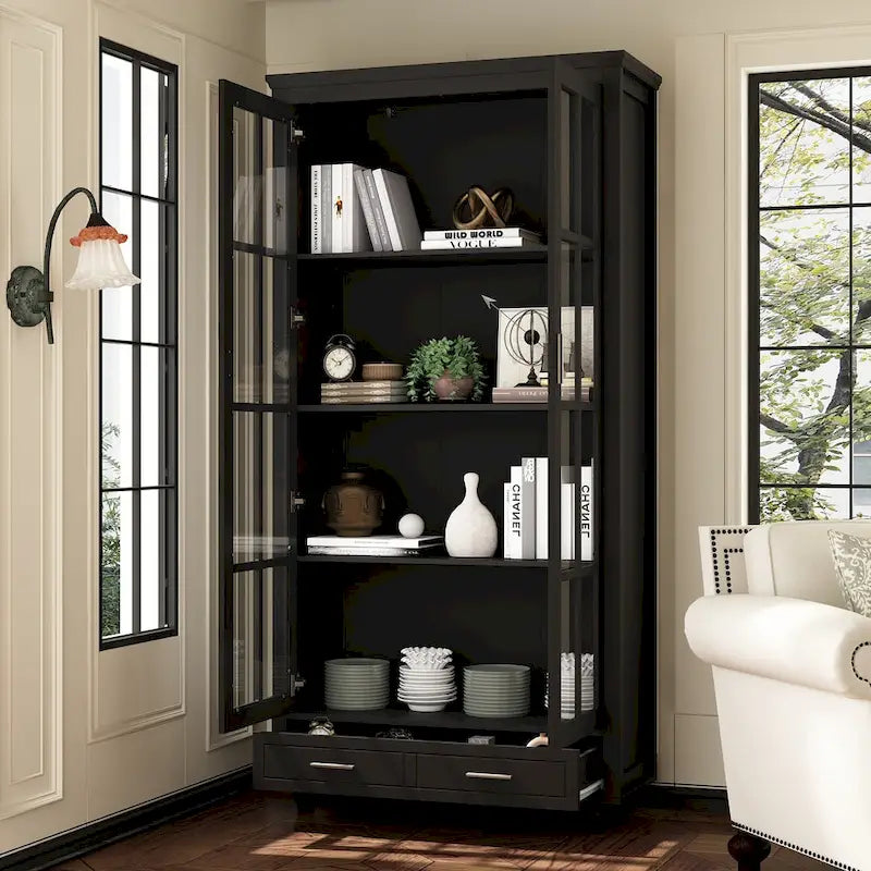 White Glass Door Bookcase & Display Cabinet with Drawer