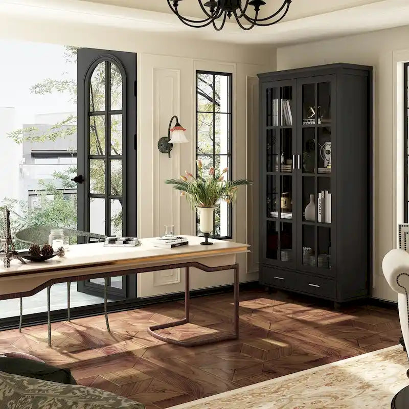 White Glass Door Bookcase & Display Cabinet with Drawer