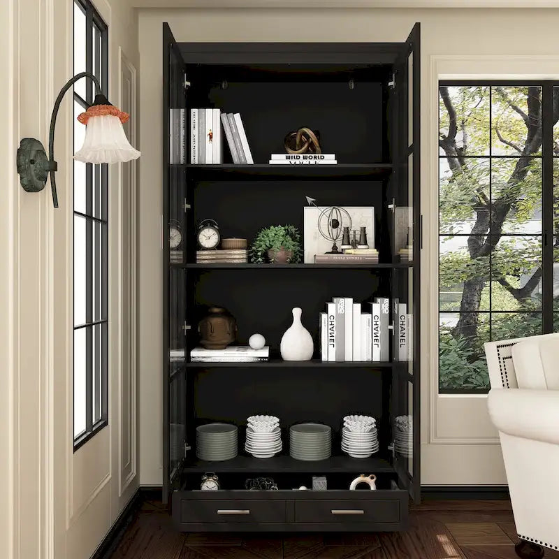 White Glass Door Bookcase & Display Cabinet with Drawer