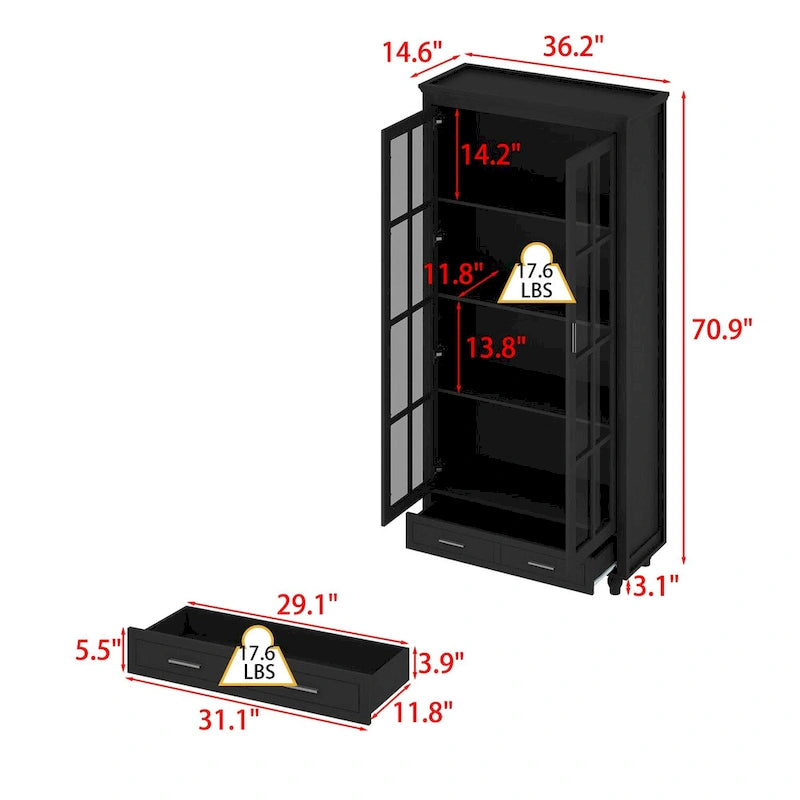White Glass Door Bookcase & Display Cabinet with Drawer