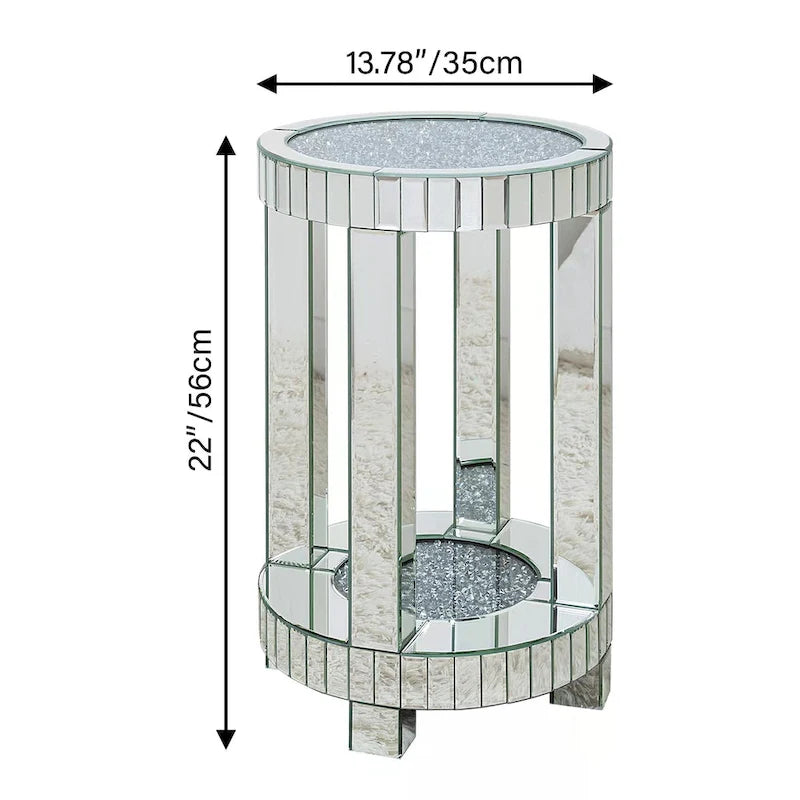 Mirrored Glass Round End Table with Crushed Diamond Detail