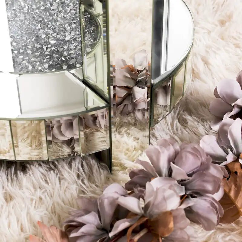 Mirrored Glass Round End Table with Crushed Diamond Detail