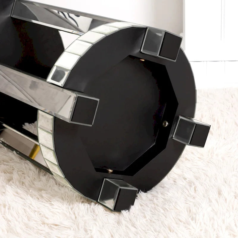 Mirrored Glass Round End Table with Crushed Diamond Detail