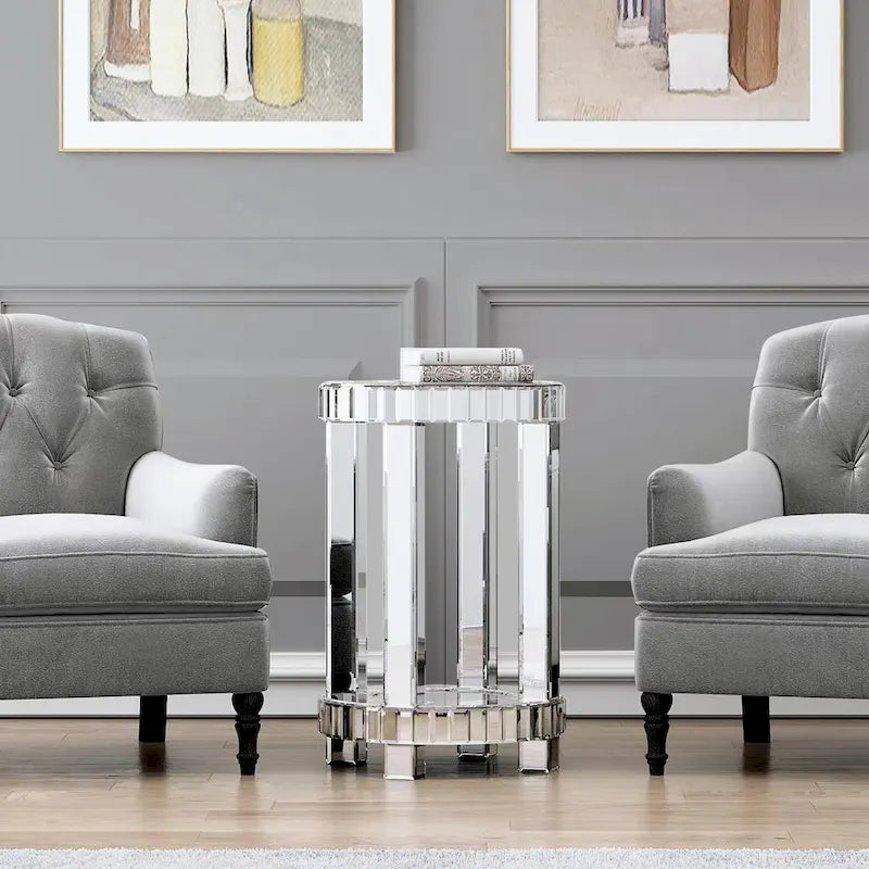 Mirrored Glass Round End Table with Crushed Diamond Detail