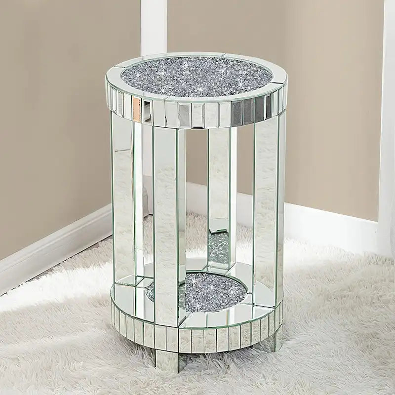 Mirrored Glass Round End Table with Crushed Diamond Detail