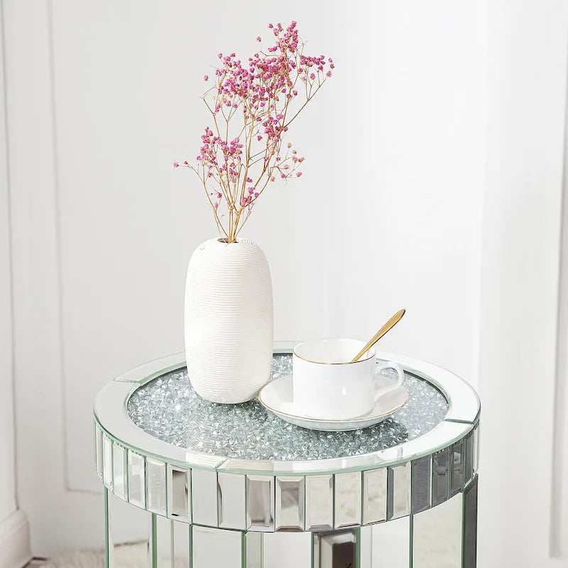 Mirrored Glass Round End Table with Crushed Diamond Detail