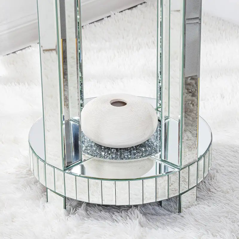 Mirrored Glass Round End Table with Crushed Diamond Detail