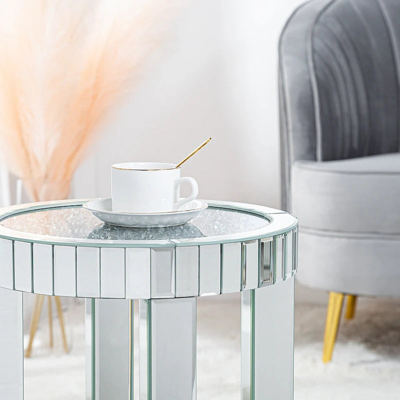 Mirrored Glass Round End Table with Crushed Diamond Detail