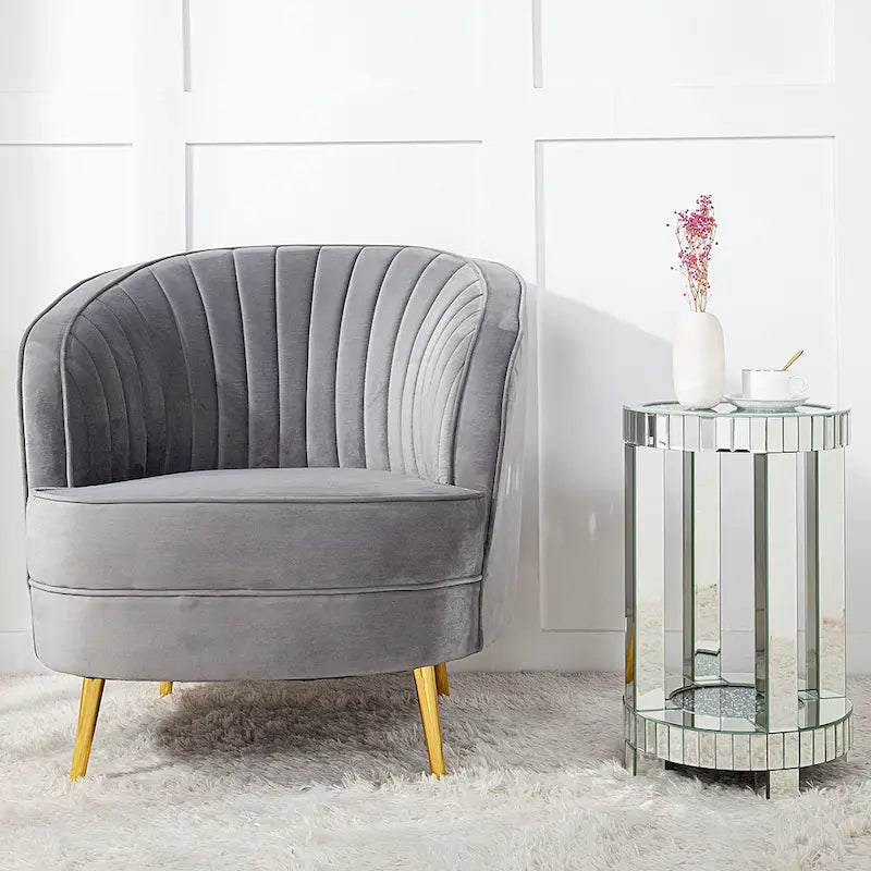 Mirrored Glass Round End Table with Crushed Diamond Detail