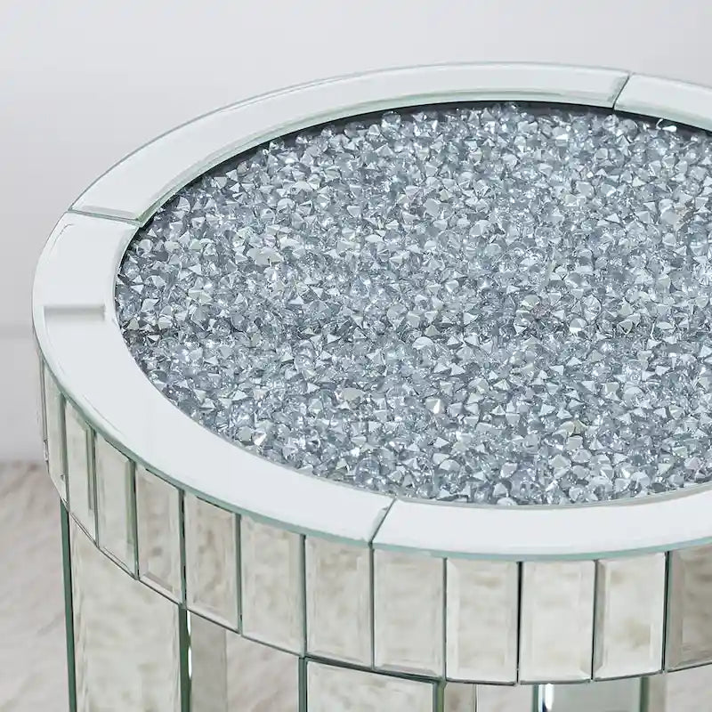Mirrored Glass Round End Table with Crushed Diamond Detail