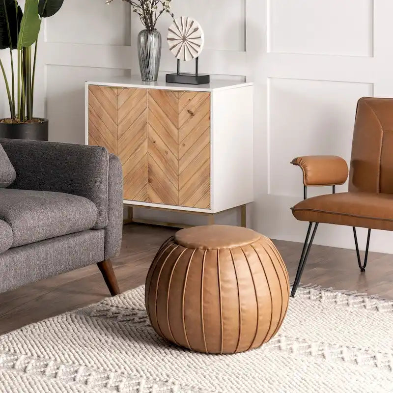 Round Faux Leather Pouf Ottoman