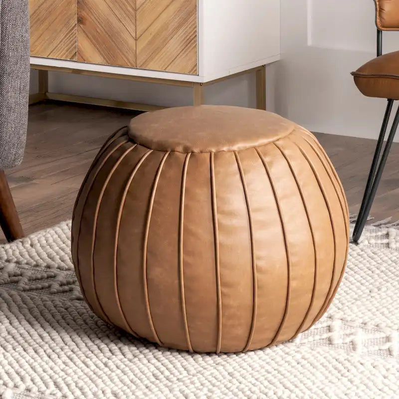 Round Faux Leather Pouf Ottoman