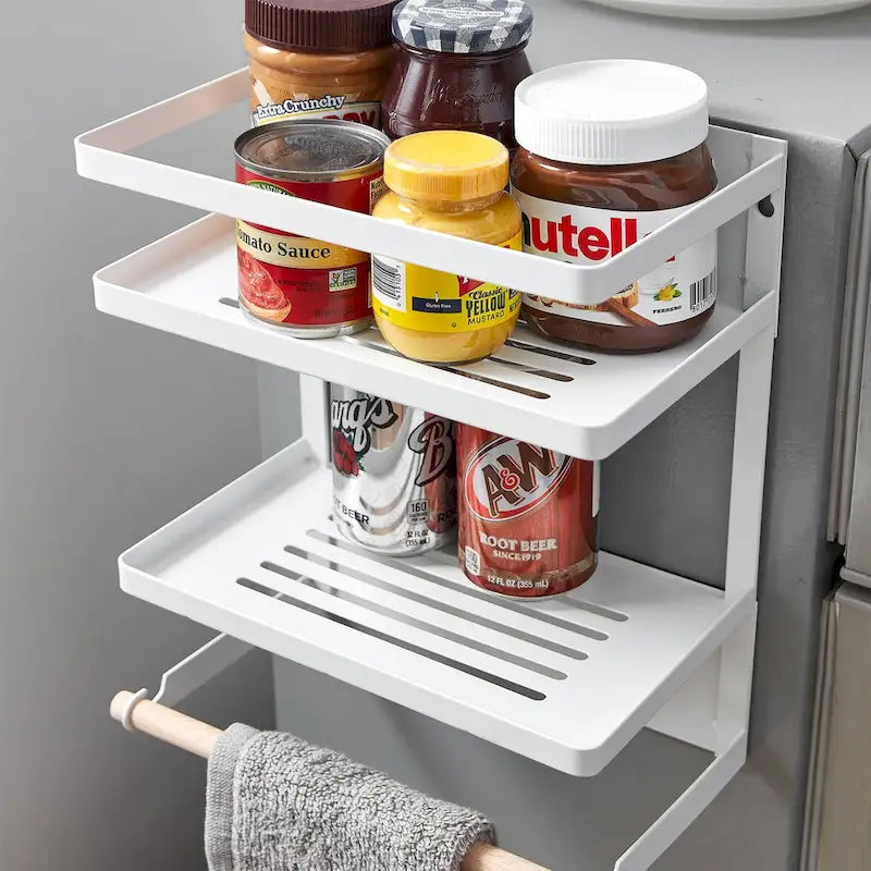 Magnetic Metal & Wood Fridge Organizer Shelf with Paper Towel Holder