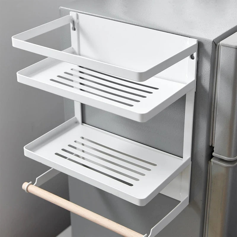 Magnetic Metal & Wood Fridge Organizer Shelf with Paper Towel Holder