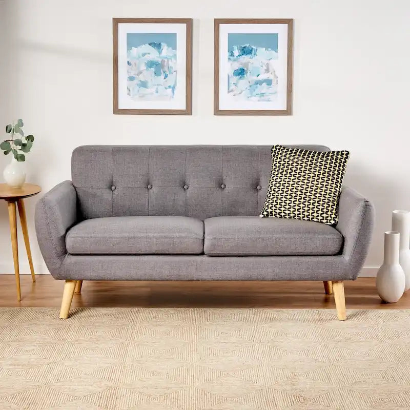 Mid-Century Modern Loveseat with Button-Tufted Back & Wood Legs