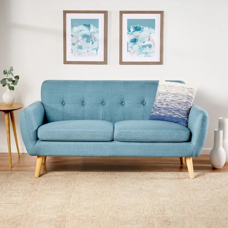 Mid-Century Modern Loveseat with Button-Tufted Back & Wood Legs