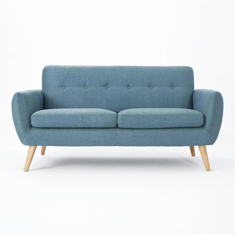 Mid-Century Modern Loveseat with Button-Tufted Back & Wood Legs