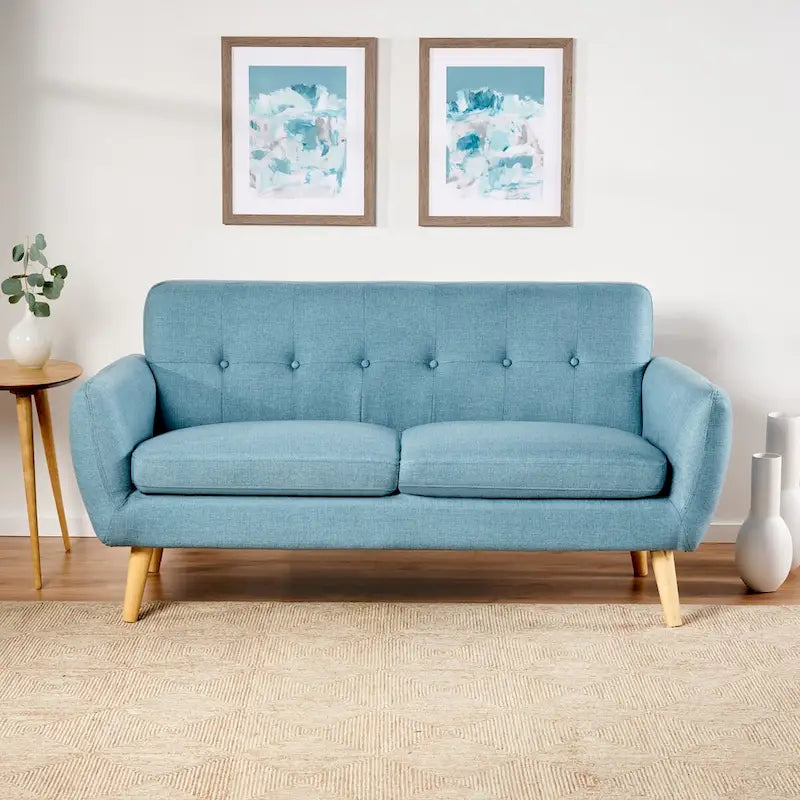 Mid-Century Modern Loveseat with Button-Tufted Back & Wood Legs