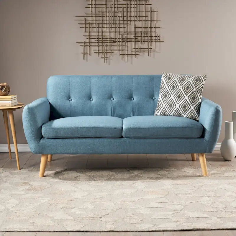 Mid-Century Modern Loveseat with Button-Tufted Back & Wood Legs