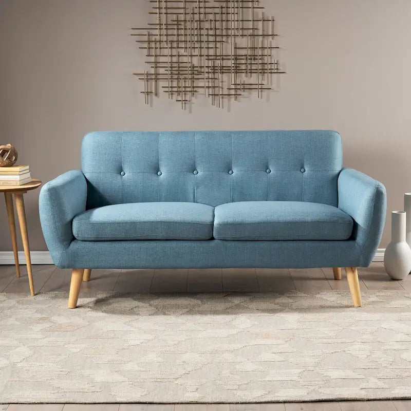Mid-Century Modern Loveseat with Button-Tufted Back & Wood Legs