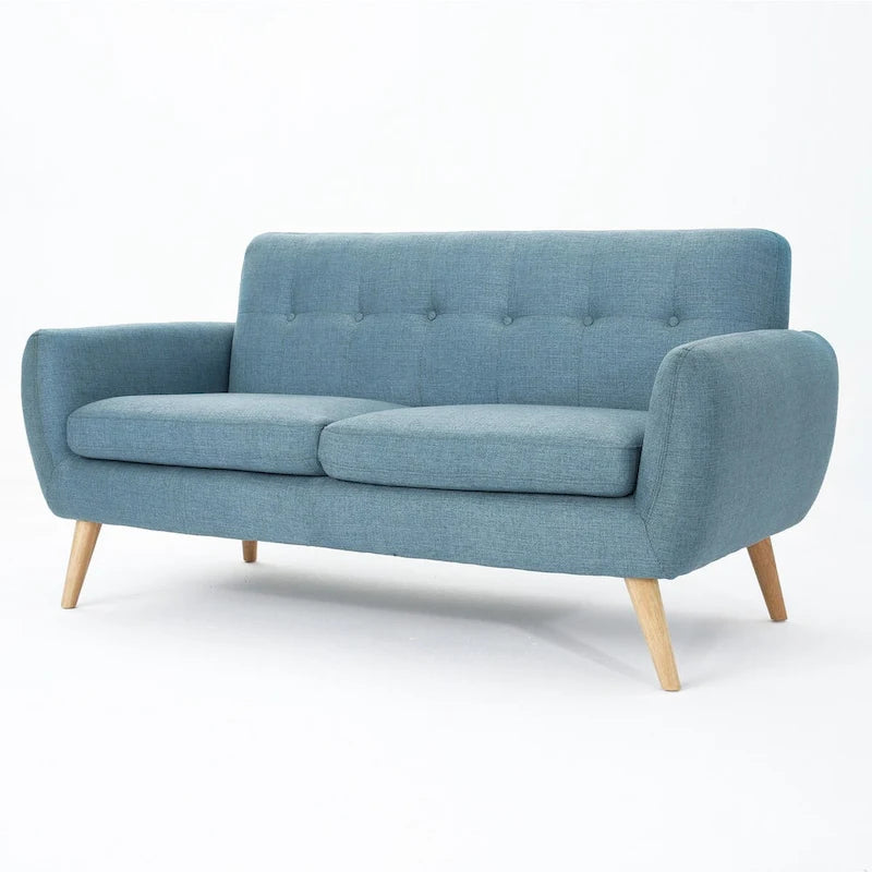 Mid-Century Modern Loveseat with Button-Tufted Back & Wood Legs