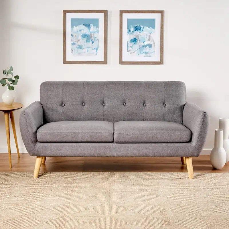 Mid-Century Modern Loveseat with Button-Tufted Back & Wood Legs