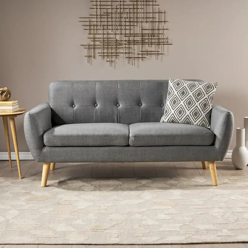 Mid-Century Modern Loveseat with Button-Tufted Back & Wood Legs