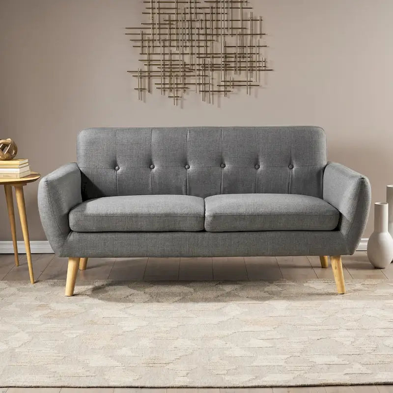 Mid-Century Modern Loveseat with Button-Tufted Back & Wood Legs