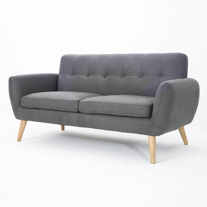 Mid-Century Modern Loveseat with Button-Tufted Back & Wood Legs