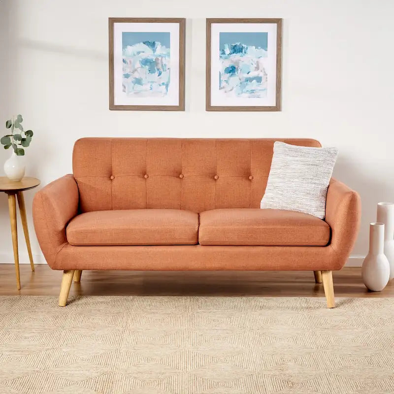 Mid-Century Modern Loveseat with Button-Tufted Back & Wood Legs