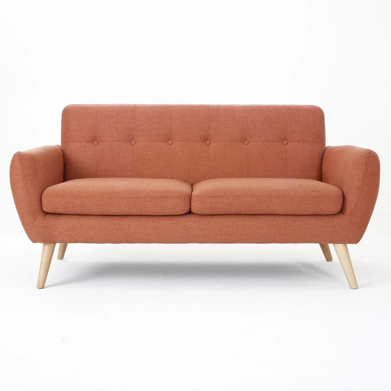 Mid-Century Modern Loveseat with Button-Tufted Back & Wood Legs