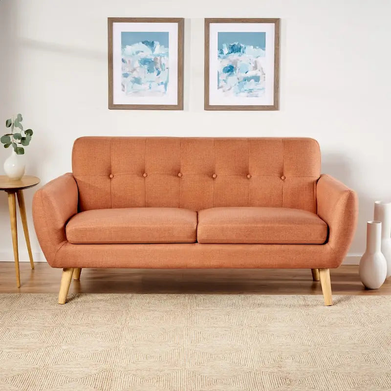 Mid-Century Modern Loveseat with Button-Tufted Back & Wood Legs