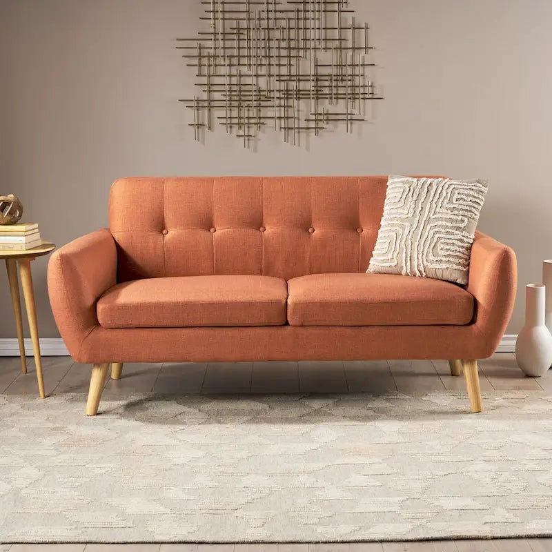 Mid-Century Modern Loveseat with Button-Tufted Back & Wood Legs