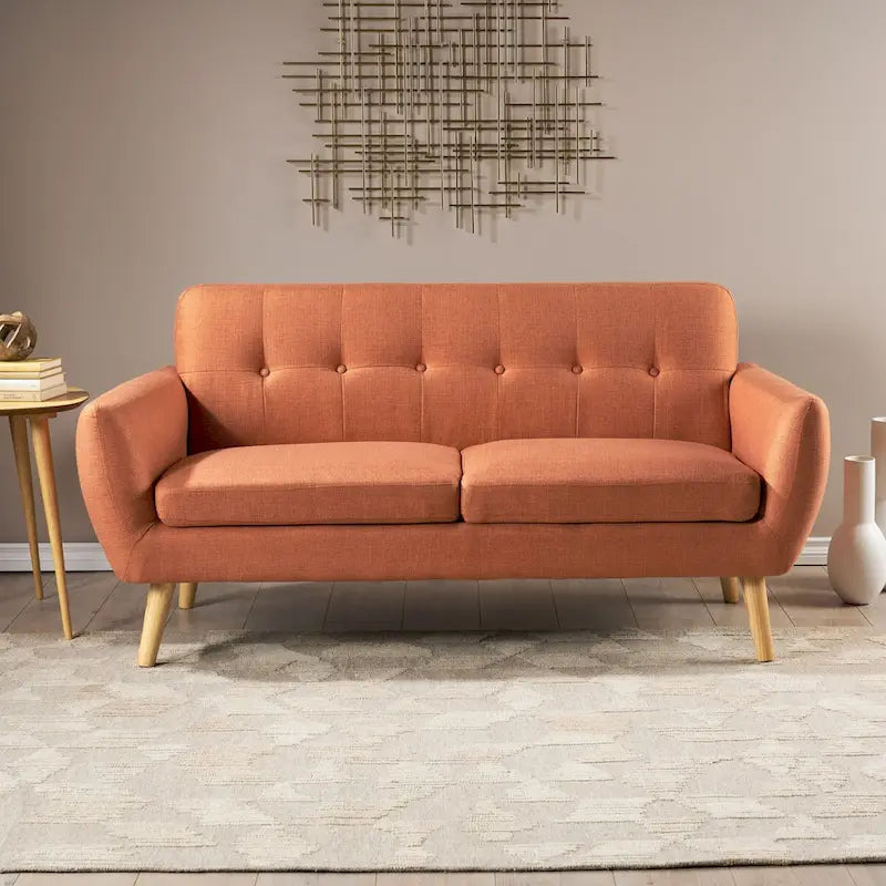 Mid-Century Modern Loveseat with Button-Tufted Back & Wood Legs