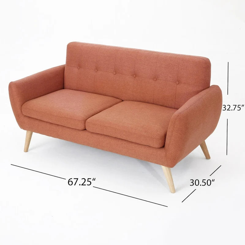 Mid-Century Modern Loveseat with Button-Tufted Back & Wood Legs
