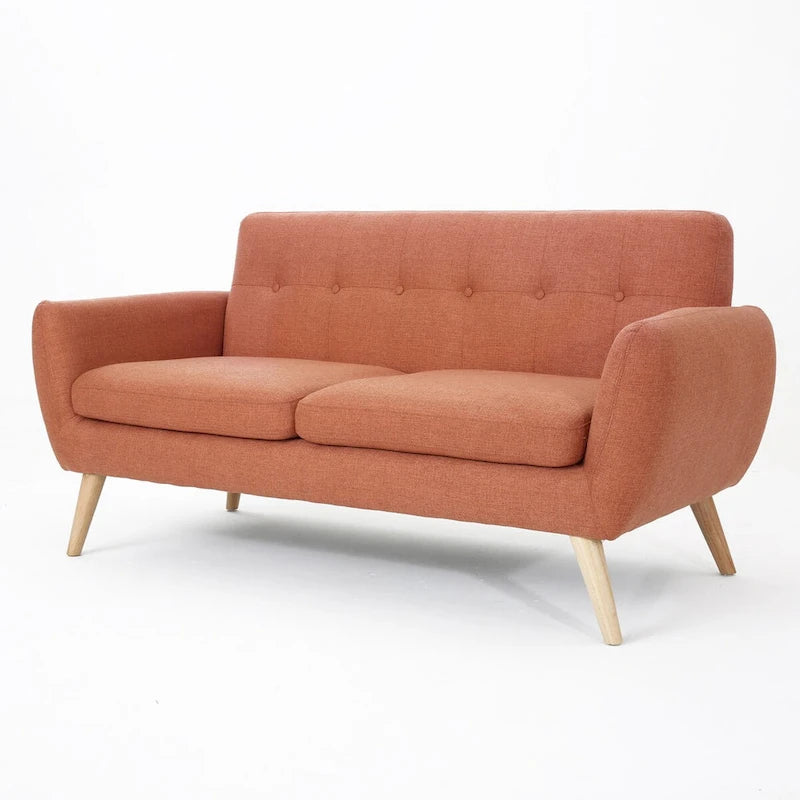 Mid-Century Modern Loveseat with Button-Tufted Back & Wood Legs