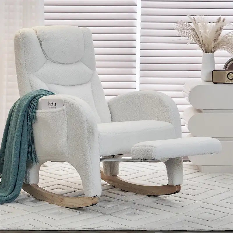 Teddy & Linen Fabric Nursery Rocking Chair with Adjustable Footrest & Pocket