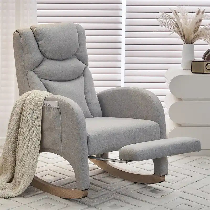Teddy & Linen Fabric Nursery Rocking Chair with Adjustable Footrest & Pocket