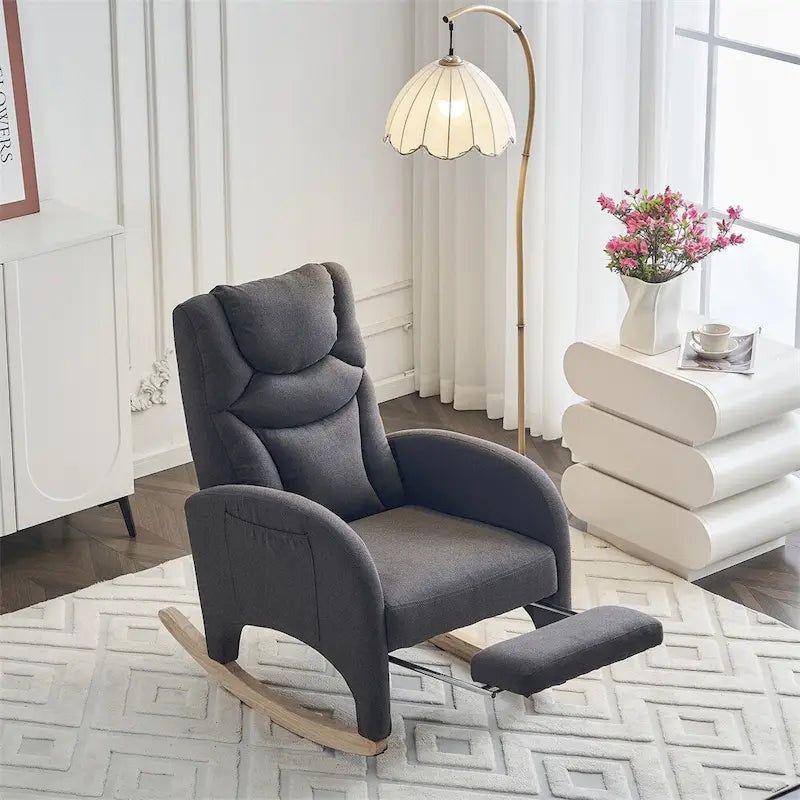 Teddy & Linen Fabric Nursery Rocking Chair with Adjustable Footrest & Pocket