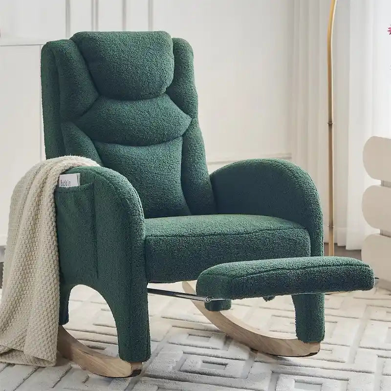 Teddy & Linen Fabric Nursery Rocking Chair with Adjustable Footrest & Pocket