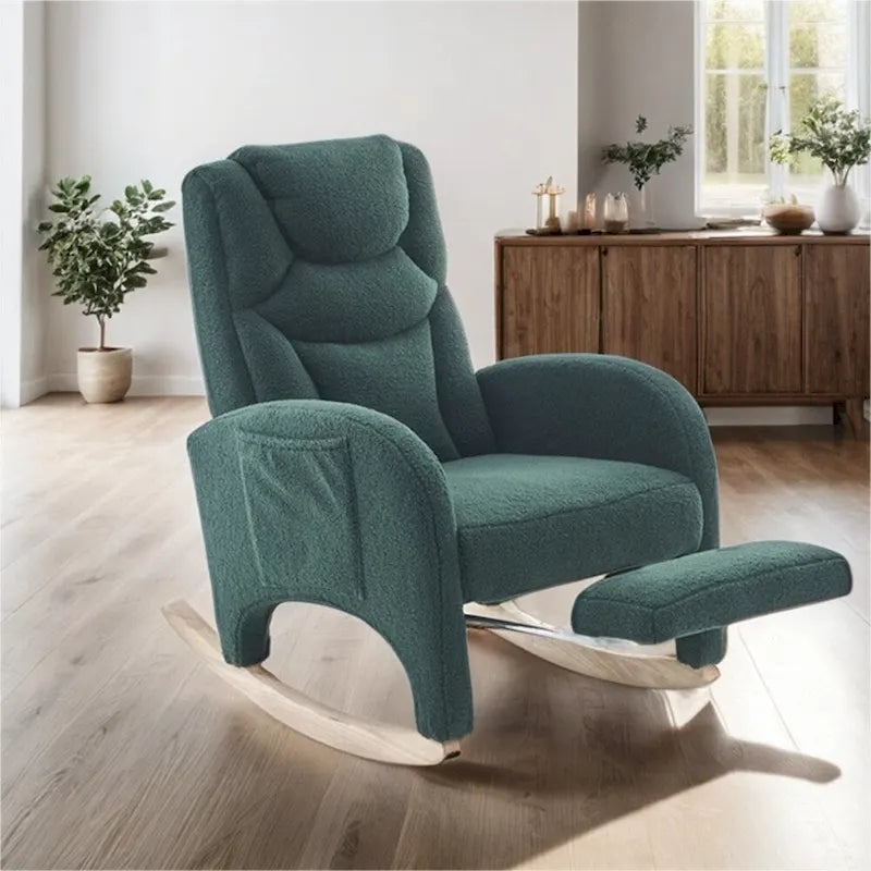 Teddy & Linen Fabric Nursery Rocking Chair with Adjustable Footrest & Pocket