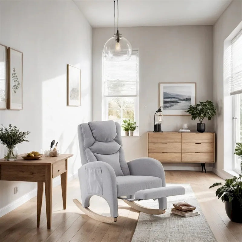 Teddy & Linen Fabric Nursery Rocking Chair with Adjustable Footrest & Pocket