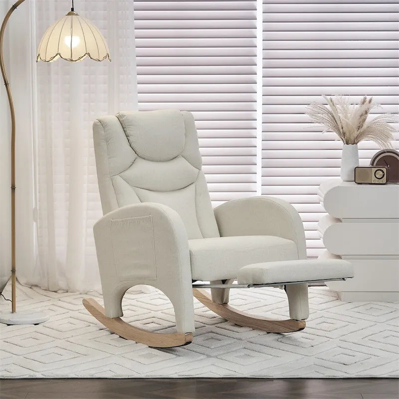 Teddy & Linen Fabric Nursery Rocking Chair with Adjustable Footrest & Pocket