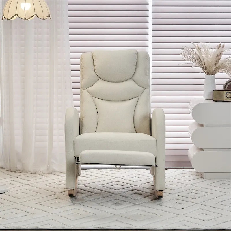 Teddy & Linen Fabric Nursery Rocking Chair with Adjustable Footrest & Pocket