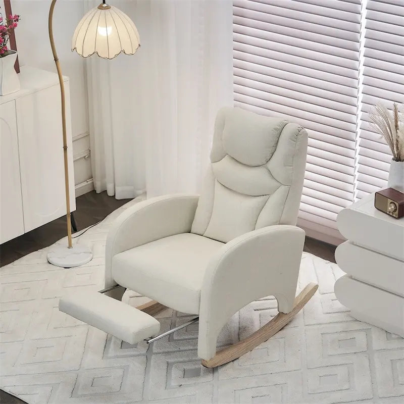 Teddy & Linen Fabric Nursery Rocking Chair with Adjustable Footrest & Pocket