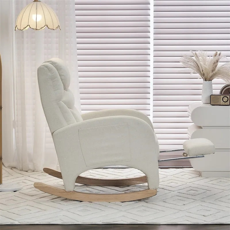 Teddy & Linen Fabric Nursery Rocking Chair with Adjustable Footrest & Pocket