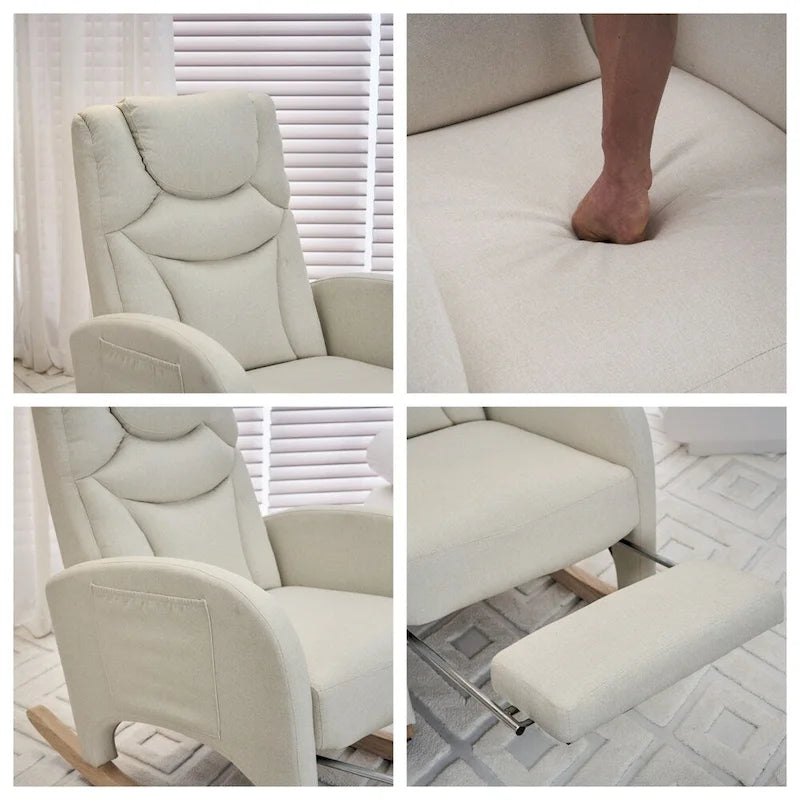 Teddy & Linen Fabric Nursery Rocking Chair with Adjustable Footrest & Pocket