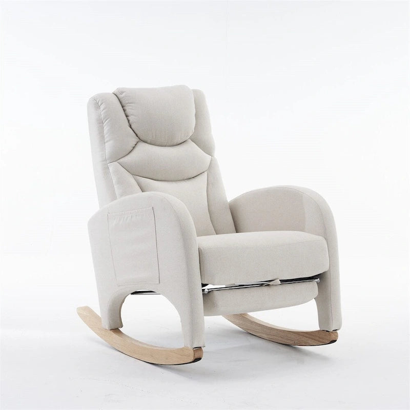 Teddy & Linen Fabric Nursery Rocking Chair with Adjustable Footrest & Pocket
